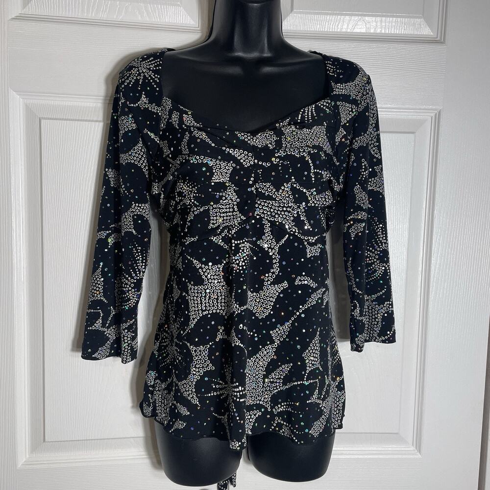 Vintage‎ Dressbarn Y2K Babydoll Shirt Women M Black Floral Silver Sparkle Party